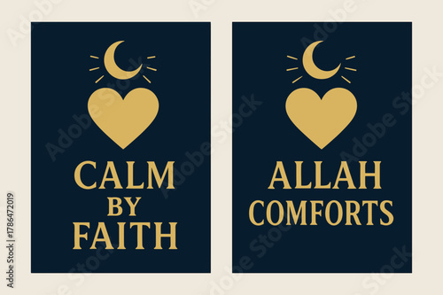 Navy and Gold Banners. Tranquil Heart. Two vertical A6 banners with safe margins, centered composition, no elements touching edges, bold, navy and gold, heart