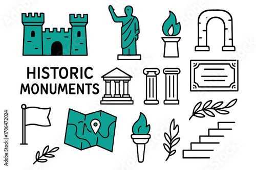 Historic Monument Doodles. // Historic monuments. Hand-drawn doodle illustration Historic monuments [fortress (accented), statue (accented), memorial flame