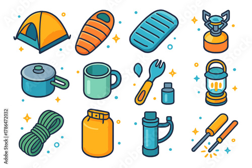 Spring Camp Essentials Icons. Spring overnight camp essentials. Colorful isometric vector icons set of Spring overnight camp essentials: dome tent,
