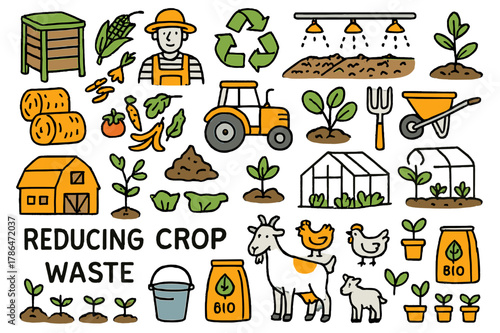 Compost and Crop Cycle. Reducing crop waste. Hand-drawn doodle illustration compost bin (colored), farm field (colored), crop residues (colored), tractor
