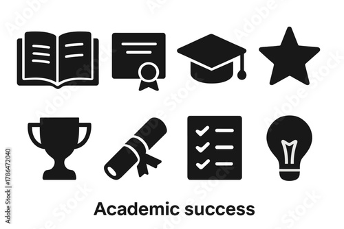 Academic Success Icons. Academic success. Filled icon set of academic success: open textbook, certificate,