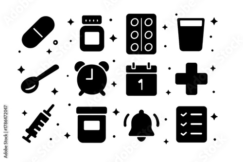 Medication Reminder Icons. Medication Reminders. Solid icons set of Medication Reminders: pill capsule, pill bottle, blister pack, water glass, dosage spoon,
