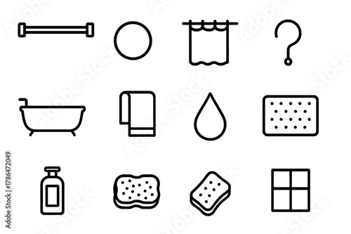 Shower Hardware Icons. Shower hardware. Line icon set of shower hardware: curtain rod, ring, shower curtain, hook, bathtub, towel, soap, water droplet, bath