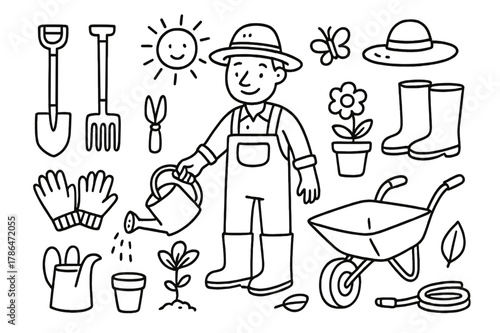 Gardening Tools Doodle. Gardener. Hand-drawn doodle illustration gardener watering can, shovel, rake, gloves, hat, boots, flower pot, trowel, hose,