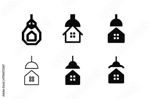 Home Lighting Logos. Lighting design for the home. Icon set. Set Logo of lighting design for the home: pendant light. harmonious logo variations of the same