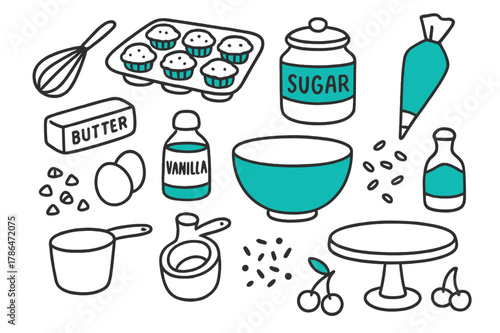 Baking Essentials Doodle. // Dessert baking. Hand-drawn doodle illustration Dessert baking [cupcake tray (accented), whisk, sugar jar (accented), butter stick,