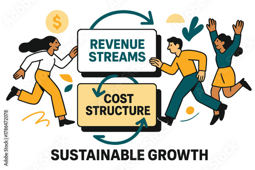 Modern Business Model Design. Pitch Deck ? Business Model. Layered cards show revenue streams and cost structures; arrow loops tie them together. Caption
