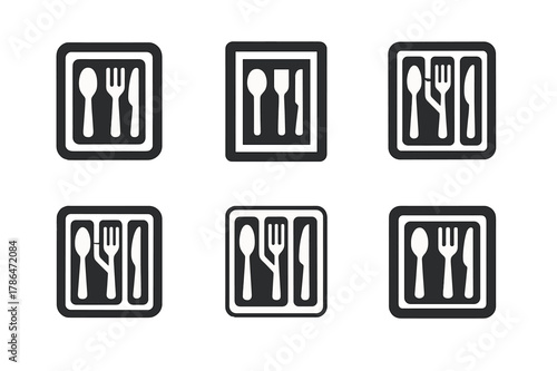 Kitchen Organizer Logos. Using drawer organizers for kitchen gadgets. Set Logo of Using drawer organizers for kitchen gadgets: nested trays with compartments.