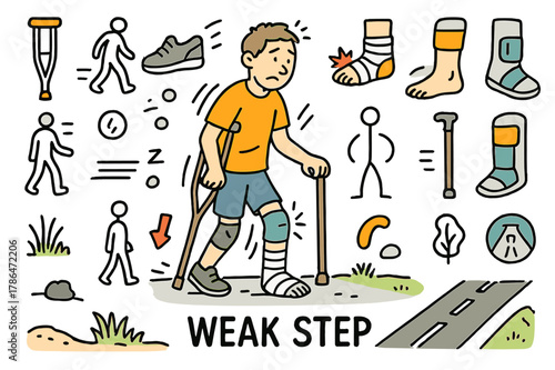 Crutch-aided Stroll. Weak step. Hand-drawn doodle illustration person walking (colored), uneven stride (colored), crutch (colored), cane (colored), bandaged