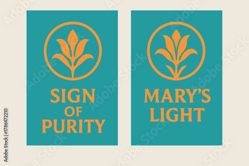 Pure Lily Emblems. Pure Symbol. Two vertical A6 banners with safe margins, centered composition, no elements touching edges, geometric, turquoise and orange,