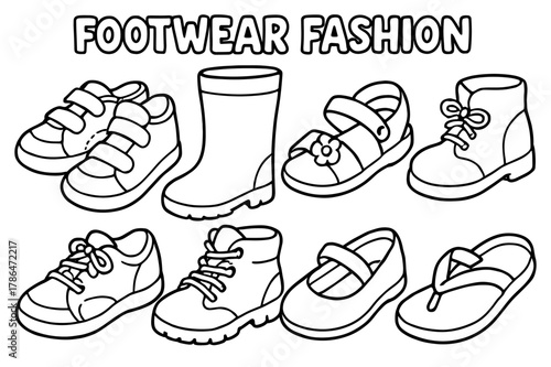 Children's Shoe Coloring. Footwear fashion children?s coloring book illustration, outlined drawing, cheerful