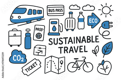 Sustainable Travel Icons. // Sustainable travel. Hand-drawn doodle illustration Sustainable travel [train (accented), bus pass, suitcase, refill station