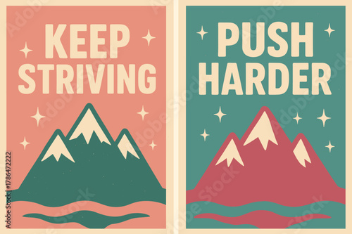 Retro Motivational Banners. Keep striving. Two vertical A6 banners with safe margins, centered composition, no elements touching edges, retro, pink and teal,