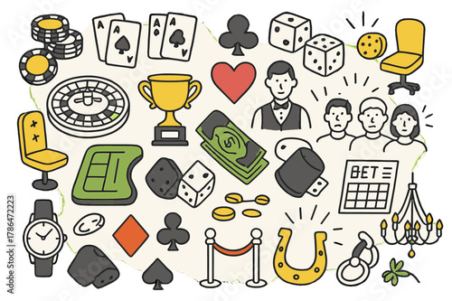 Casino Night Vibes. Gambling stakes. Hand-drawn doodle illustration poker chips (colored), playing cards (colored), dice (colored), casino table (colored),