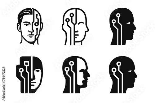 AI Realism Logos. AI realism. Set Logo of AI realism: human face with circuit half-mask. Icon set. harmonious logo variations of the same emblematic concept,
