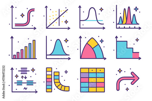 Colorful Chemistry Icons. Chemistry diagrams. Colorful isometric vector icons set of Chemistry diagrams: titration curve, calibration plot, reaction energy