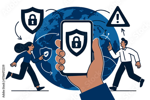 Global Privacy Protection. Online privacy laws and their global implications. Hand holding smartphone with abstract floating privacy shields, warning icons,