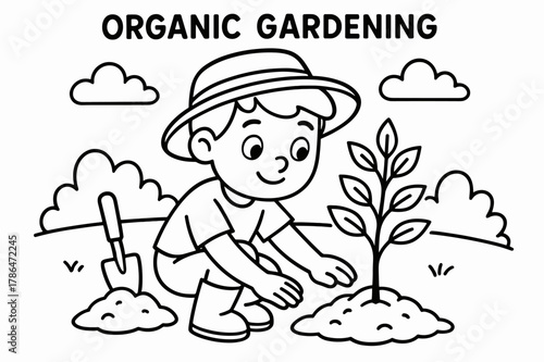 Tree Planting Coloring. Organic gardening children?s coloring book illustration, outlined drawing, a picture of a child planting a tree, educational design for