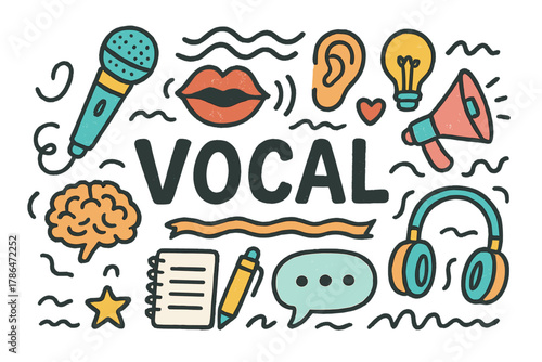 Vocal Patterns Doodle. Vocal patterns. Hand-drawn doodle illustration of vocal patterns. Microphone, lips,
