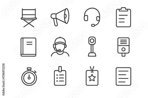 Director Crew Icons. Director and Crew. Line icon set of Director and Crew: director chair, megaphone, headset, clipboard, script binder, stage manager, cue