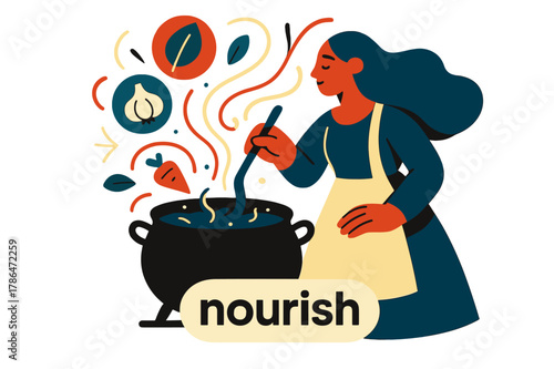 Herbal Stew Symphony. Keeper of the Hearth ? Herbal Stew. Leaves, garlic, and root icons swirl into a simmering pot; aroma lines curl like music. Label