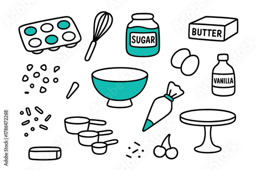 Baking Essentials Doodle. // Dessert baking. Hand-drawn doodle illustration Dessert baking [cupcake tray (accented), whisk, sugar jar (accented), butter stick,