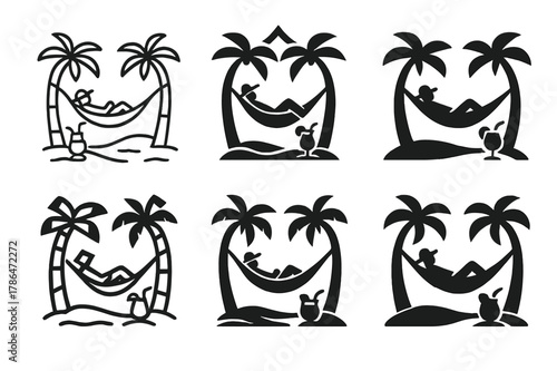 Tropical Hammock Icons. A traveler relaxing in a hammock between two palm trees, on a tropical island. Icon set. Set Logo of A traveler relaxing in a hammock