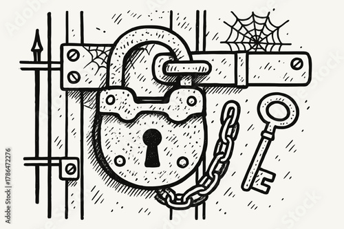 Rusty Padlock Doodle. Rusty Padlock. Hand-drawn doodle illustration Rusty Padlock old padlock, rust texture, key, chain, metal door, latch, hinges, scratches,