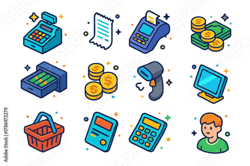 Retail Icon Set. Retail store icons. Colorful isometric vector icons set of retail store icons: cash register, receipt, POS system, cash drawer, coins, dollar