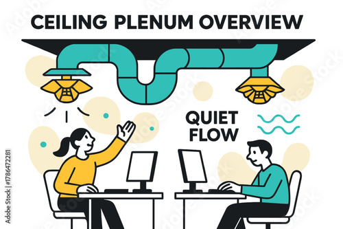 Ceiling Flow Dynamics. Ceiling Plenum Overview. A cutaway ceiling reveals ducts gliding above workstations; diffusers bloom like geometric flowers. ?Quiet