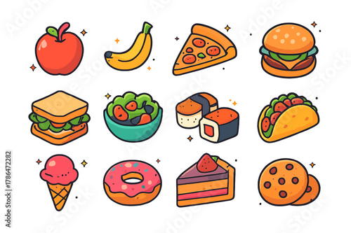 Colorful Food Icons. food. Colorful isometric vector icons set of food: fruits, vegetables, pizzas, burgers, sandwiches, salads, sushi, tacos, ice creams,