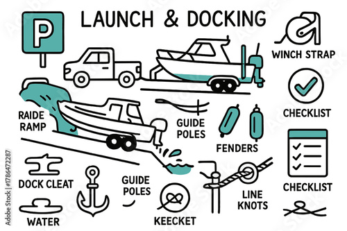 Boat Launch Doodles. // Launch & docking. Hand-drawn doodle illustration Launch & docking [trailer (accented), boat ramp (accented), winch strap, bow hook