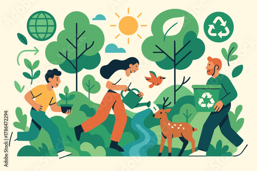 Eco-Friendly Harmony. ENTER to Environmental Conservation. Trees growing, water flowing, animals thriving, eco-friendly symbols and recycling icons. Modern
