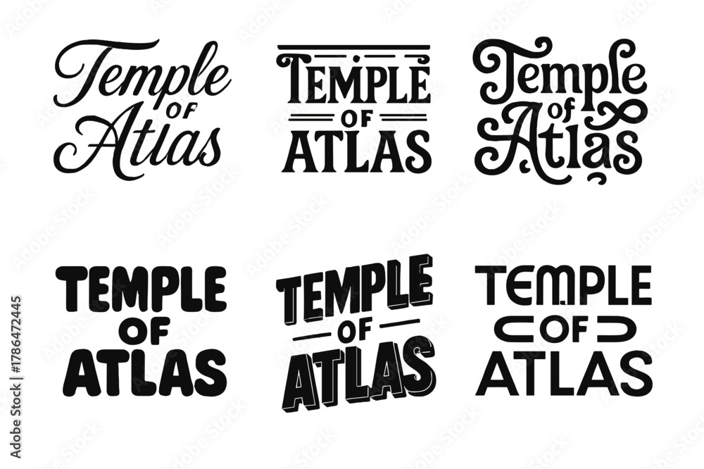 Obraz premium Atlas Lettering Variations. Temple of Atlas. Set lettering. harmonious lettering variations of the same emblematic concept, each with different artistic
