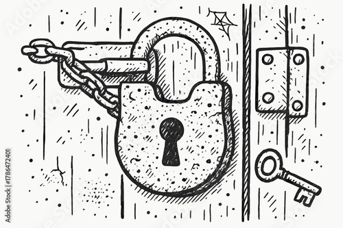 Rusty Lock Doodle. Rusty Lock. Hand-drawn doodle illustration Rusty Lock padlock, rust texture, key, chain, door, metal surface, hinges, scratches, corrosion,