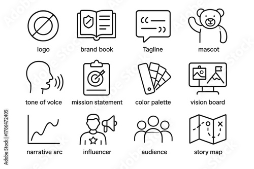 Brand Story Icons. Brand storytelling. Line icon set of brand storytelling: logo, brand book, tagline, mascot, tone of voice, mission statement, color palette,