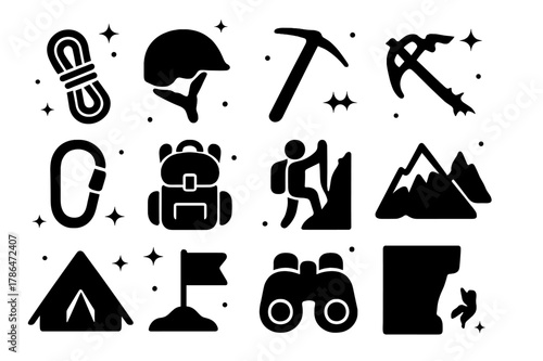 Climbing Gear Icons. Climbing Gear. Solid icons set of Climbing Gear: rope, helmet, ice axe, crampons, carabiner, backpack, climber, mountain, tent, flag,
