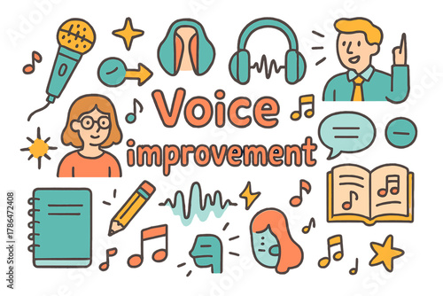 Voice Improvement Doodle. Voice improvement. Hand-drawn doodle illustration of voice improvement. Microphone,