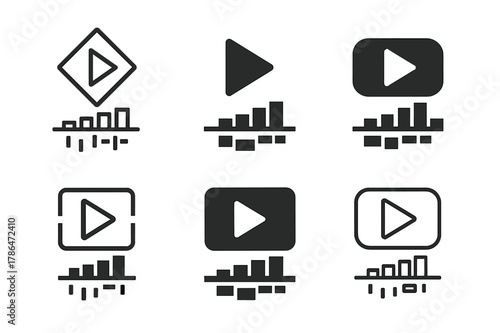 Diverse Music Logo Grid. Music video shoots and production. Set Logo of Music video shoots and production: editing timeline with playhead. Icon set. harmonious