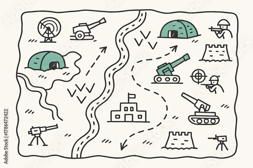 War Strategy Map. Battlefield a map marked with military strategy during war. Hand-drawn doodle illustration a map marked with military strategy during war,