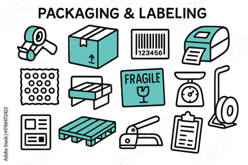 Doodle Packaging Elements. // Packaging & labeling. Hand-drawn doodle illustration Packaging & labeling [carton box (accented), tape dispenser, label printer
