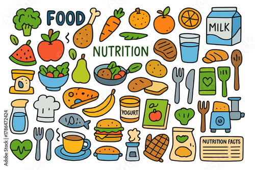 Colorful Food Doodle. Food and Nutrition. Colorful Hand-drawn doodle Children illustration Food and Nutrition, fruits, vegetables, meals, snacks, drinks,