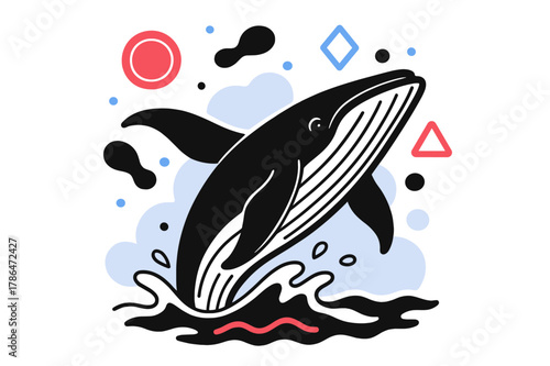 Whale with Geometric Shapes. Endangered Species. Whale breaching the ocean with floating abstract geometric shapes and glowing accents, majestic and rare