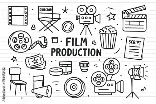 Film Production Icons. Film Production. Hand-drawn doodle illustration Film Production movie tape, film reel, director?s chair, camera, clapperboard, popcorn,