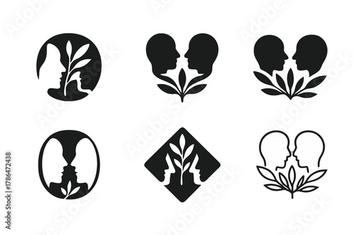 Harmonious Emblem Variations. Conflict resolution in coaching. Set Logo of Conflict resolution in coaching: olive branch with two faces. Icon set. harmonious