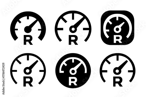 Insulation Logo Variations. Insulation R-value planning. Set Logo of Insulation R-value planning: gauge dial with R. harmonious logo variations of the same
