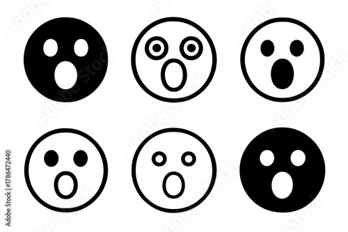 Shocked Emoji Logos. Shocked emoji. Set Logo of Shocked emoji: round face with O-mouth. harmonious logo variations of the same emblematic concept, each with