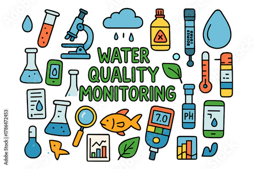 Water Quality Tools. Water Quality Monitoring. Colorful Hand-drawn doodle Children illustration Water Quality Monitoring test tube, microscope, droplet,