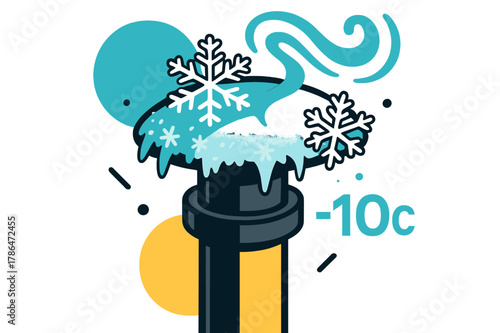 Frosty Flue Illustration. Frozen Flue Detail. Frost crystals spread along the metal cap while faint steam escapes in a swirling pattern. ?-?C? floats in small
