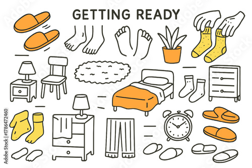 Cozy Morning Routine. Getting ready. Hand-drawn doodle illustration slippers (colored), feet (colored), hands (colored), socks (colored), chair (colored), cozy